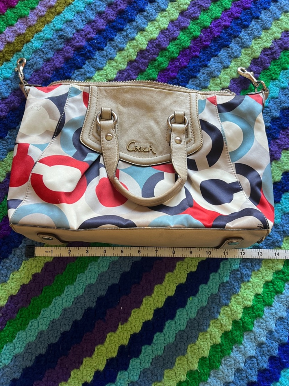Coach Multicolor Circle Print Satchel - Red, Navy, Light Blue, Beige - Picture 8 of 14